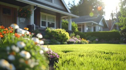 Real Estate Exterior Front House on a sunny day Big modern custom made luxury house with nicely landscaped front yard in summer Beautiful house entrance with a green lawn Perfect neigh : Generative AI