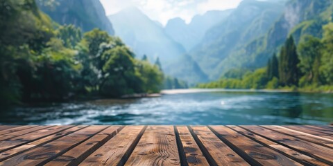 Wall Mural - Mountain River View from Wooden Deck