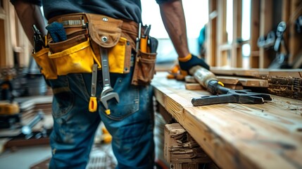 Poster - Construction man builder man construct new wooden home tiny house style Spirit level screw tool bag and charged drill Wood shelter style : Generative AI