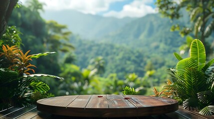 Wall Mural - Surreal wood podium with tropical forest plant blur blue sky montains landscape nature backgroundProduct present natural placement pedestal minimal displaysummer paradise dreamy concep : Generative AI