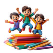 © carolina - 3d render happy school children holding books and pencils jumping with a white background, png.