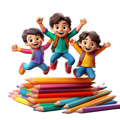 3d render happy school children holding books and pencils jumping with a white background, png.