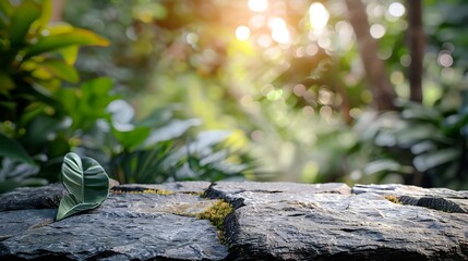 Wall Mural - Stone tabletop podium floor in outdoors tropical garden forest blurred green leaf plant nature backgroundNatural product placement pedestal stand displayjungle paradise concept : Generative AI