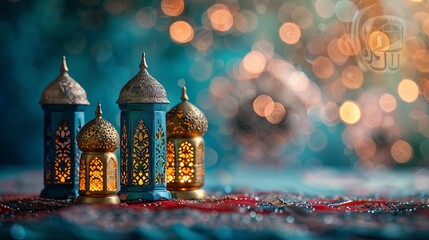 ramadan kareem background month of fasting saum pillars of Islam Muslim holidayArabic month Islamic figurines on a blue background copy space : Generative AI