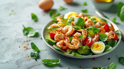 Poster - Healthy salad with squid and avocado on white plate with harsh shadows Calamari salad with vegetables and eggs on white background with shadows of leaves Summer food menu : Generative AI