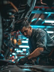 Wall Mural - Man working on car in garage