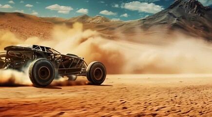 Sticker - An off-road vehicle speeds through a desert landscape, kicking up clouds of dust against a backdrop of rugged mountains under a clear sky.