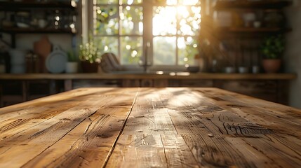 Aufkleber - Wooden table with retro pedestal of free space for your decoration Kitchen interior with window and sun light Empty space for your decoration : Generative AI
