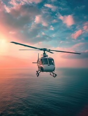 Wall Mural - Helicopter over Ocean Sunset