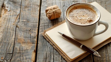 Aufkleber - Cup of coffee with notepad and brown pen on wooden table top view copy space : Generative AI