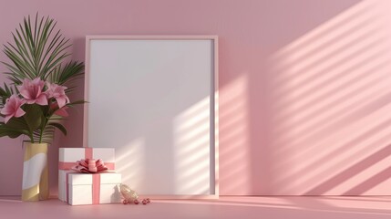 Wall Mural - Mockup a wooden blank poster frame near beautifully wrapped gift boxes and a potted palm tree against a pink wall