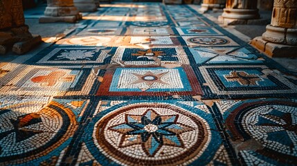 Poster - Ancient mosaic floor regular pattern from Laodicea Church with geometric design Denizli Turkey Turkiye : Generative AI
