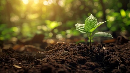 Wall Mural - A Young Sprout Emerging from Rich Soil in a Sunlit Forest