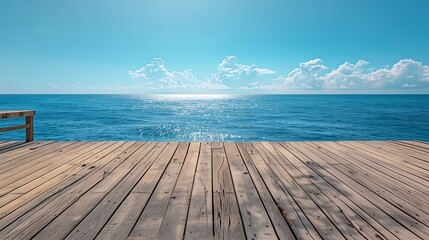 Canvas Print - Wooden floor platform and blue sea with sky background : Generative AI