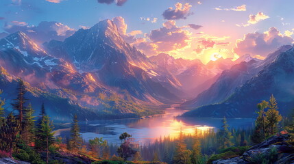 Poster - Serene dawn paints mist-shrouded alpine peaks with golden light, reflecting in tranquil lake watersSerene dawn paints mist-shrouded alpine peaks with golden light, reflecting in tranquil lake waters