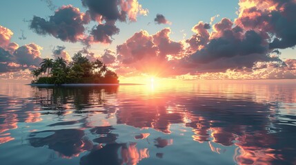 Poster - Golden hour paints sky with vibrant hues, reflecting in calm water as sun dips below horizon