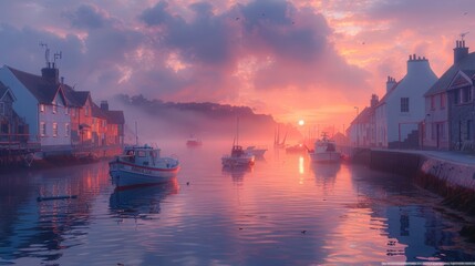 Poster - Golden hour paints the cityscape with fiery hues as a lone boat navigates tranquil river waters