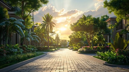 Poster - Empty street at the nice and comfortable garden at the morning with lovely beautiful sky : Generative AI
