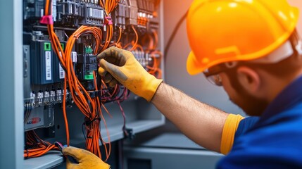 A man in an orange vest is working on electrical wires