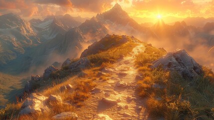 Poster - Golden hour paints majestic mountains with vibrant hues, a breathtaking panorama of nature's artistry