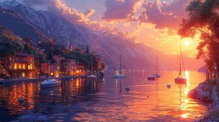 Poster - Golden hour paints the sky with orange hues, reflecting on calm river waters as the sun dips below the horizon