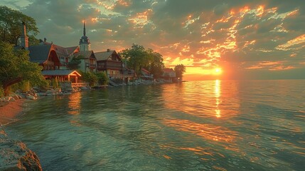 Aufkleber - Sunset over Water with Houses and Trees.
