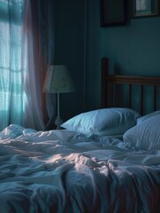 Poster - Bed with White Sheets and Pillows in Dark Room