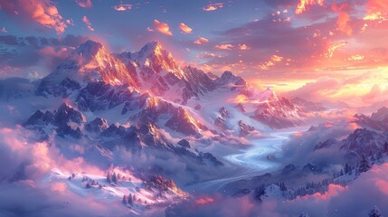 Poster - Golden hour paints majestic mountains with fiery hues, as cloudscape ignites in twilight's embrace