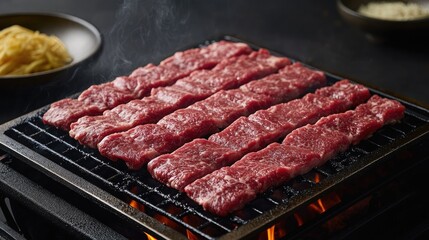 Raw beef for barbecue, arranged on a grill in a Japanese yakiniku restaurant, with space for copy, ideal for menus.