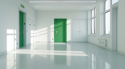Poster - Interior of bright white room with green closed door in modern hospital : Generative AI