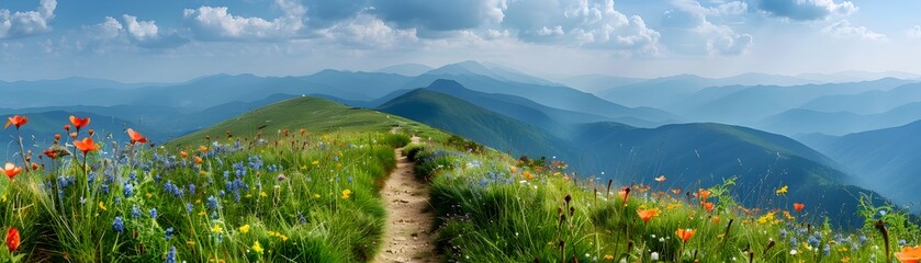 Canvas Print - Scenic Mountain Trail with Wildflowers and Distant Peaks Hiking Concept