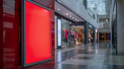 Poster - red blank sign inside shopping mall mock up advertise display frame setting over the clothes line in the shopping department store for shopping business fashion and advertisement conce : Generative AI