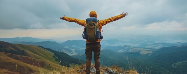 Poster - Hiker Embracing the Wind and Sweeping Vistas on a Hilltop Adventure