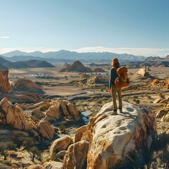 Canvas Print - Hiker Standing on Boulder Overlooking Vast Desert Landscape