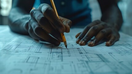 Poster - Black man office and drawing on blueprint with pencil for planning a building design layout and project as architect Table construction and engineering person with idea for property re : Generative AI