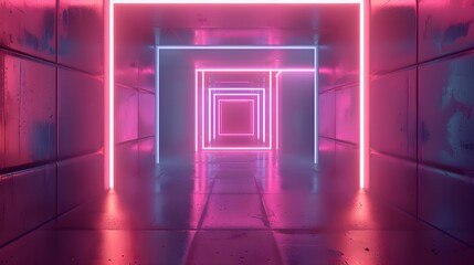 Poster - A 3D render featuring an abstract geometric neon background, depicting an empty room with futuristic wall panels and a glowing square frame, resembling a futuristic tunnel or corridor 