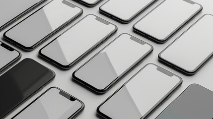 Poster - flat rays collection of smartphone mockup blank screen isolated with clipping path on white background : Generative AI