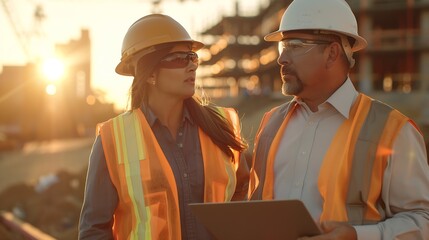 Poster - Caucasian Male Architect And Hispanic Female Urban Planner Walking On Construction Site With Laptop Computer And Talking About New Real Estate Project Construction Equipment Working Go : Generative AI
