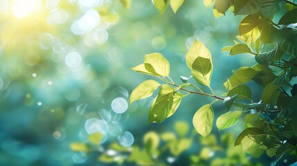 Summer background of blue and green blurred foilage and sky with bright bokeh Blurry abstract summer background Natural green leaves using as cover page greenery environment ecology ba : Generative AI