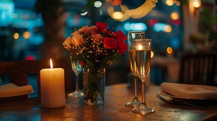 Poster - Candlelight date in restaurant Champagne glasses bouquet flowers Romantic dinner setup at night Table setting for couple Valentines Day evening burning candles for surprise marriage pr : Generative AI