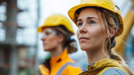 Poster - Engineer and female foreman worker team checking project at precast factory site Engineer and builders in hardhats discussing on construction site : Generative AI