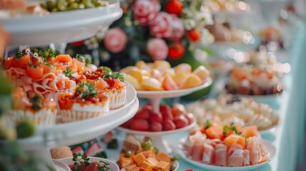 Beautifully decorated banquet catering table with variety of with different food snacks appetizers on corporate birthday party event or wedding celebration canape salad delicatessen se : Generative AI