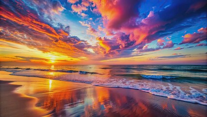 Wall Mural - vibrant sunset casting colorful hues over a peaceful beach scene, sunset, beach, ocean, horizon, sky