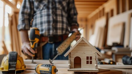 Poster - Construction man builder man construct new wooden home tiny house style Spirit level screw tool bag and charged drill Wood shelter style : Generative AI