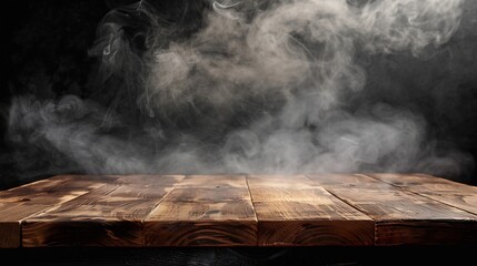 Aufkleber - On a black background an empty wooden table with smoke floats up Empty space for displaying your products with a smoke float up on a dark background Space available for displaying your : Generative AI