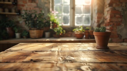 Aufkleber - Wooden table with retro pedestal of free space for your decoration Kitchen interior with window and sun light Empty space for your decoration : Generative AI