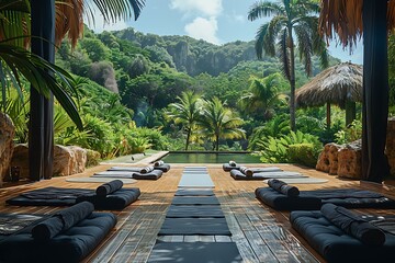 Depict tranquil yoga retreat with participants practicing various poses in a beautiful natural setting to enhance their mental and physical health