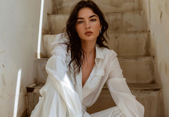 A woman in a white dress is sitting on a staircase. She is wearing a necklace