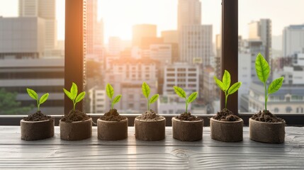 Wall Mural - Row of Saplings in Pots Against City Skyline at Sunset