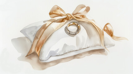 Elegant wedding ring resting on a white pillow adorned with a golden ribbon, symbolizing love and commitment.